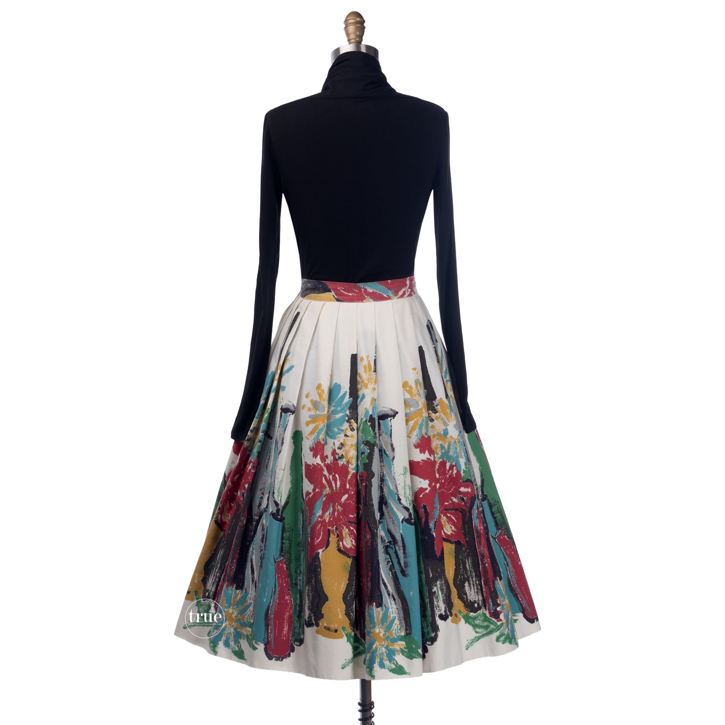 vintage 1950's skirt ...mid-century abstract wine bottles novelty print full skirt