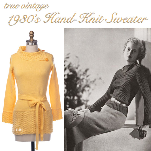 vintage 1930's sweater ...fabulous dandelion yellow hand knit asymmetrical fold down collar
