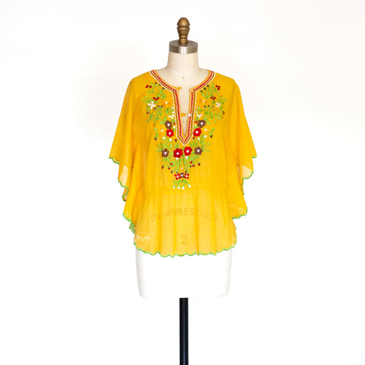 vintage 1970's top ...gorgeous golden yellow embroidered gauzy poncho top